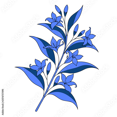 Decorative indigo blue blooming flower branch with small buds and leaves, beautiful spring plant illustration.