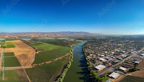 scenic aerial view of modesto california showcasing lush farmlands urban landscapes and the beautiful tuolumne river under a clear blue sky