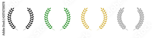 Photos Laurel wreath branches icon set, semicircular foliate frame in black, green, gold and outline style, vector laurel leaf border for award, achievement and logo design