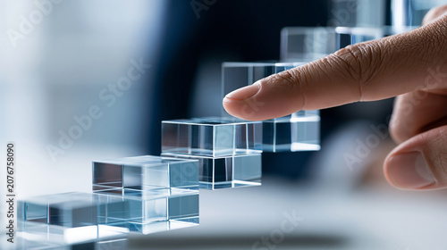 Finger pressing transparent stacked blocks forming staircase symbolizing career advancement and business growth strategy, professional progress concept, motivational photography,