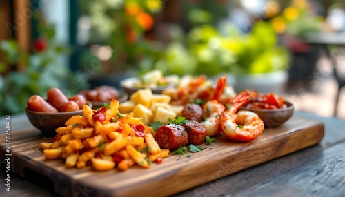 Tapas assortment on a wooden serving board, culinary tourism concept