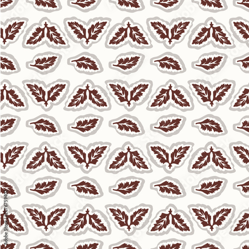 Hand drawn folk art leaf seamless pattern . Flat isolated all over design vector illustration. Botanical scandi summer fall foliage leaves design style. Quirky floral block print texture repeat