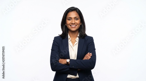Confident Smiling Indian Businesswoman Standing with Crossed Arms Wearing a Navy Suit and White Blouse, Professional Corporate Leader, Studio Portrait Isolated on White Background