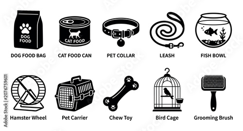Various pet supplies and accessories icons are displayed in a clean, modern, and easily recognizable black and white graphic style.