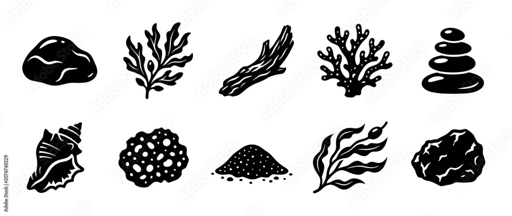 Fototapeta premium Ocean elements collection featuring various natural marine objects and textures including coral, seaweed, shells, and rocks in a simple graphic style.