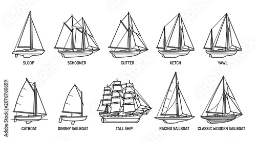 Comprehensive collection of various sailboat types and sailing ships, including sloops, schooners, cutters, and tall ships, presented as detailed line art illustrations.