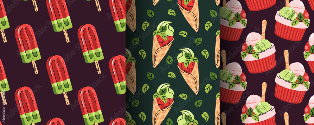 Naklejka premium Set of Seamless Patterns with Watermelon Ice Cream, Sorbet and Summer Treats in Flat Style. Refreshing Dessert Texture for Beach Bar Menu, Background, Cafe Branding, Packaging and Seasonal Design