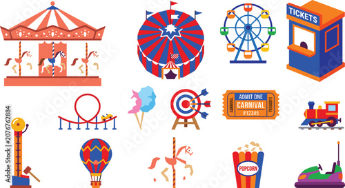 Flat Style Carnival Vector Icon Set with Carousel Ferris Wheel Circus Tent Roller Coaster Bumper Car and Amusement Park Attractions