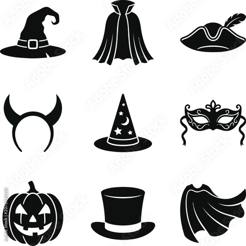 Cuadro en lienzo Halloween costume silhouettes collection black vector shapes on a white backgrou