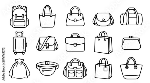 Diverse collection of bags and luggage line icons