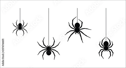 Foto Black spider silhouettes hanging from threads on a white background arachnid art