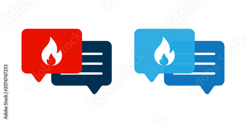 Trending Topic icon set. Red and blue chat icons with flame symbols, representing hot topics of conversations. vector illustration on white background