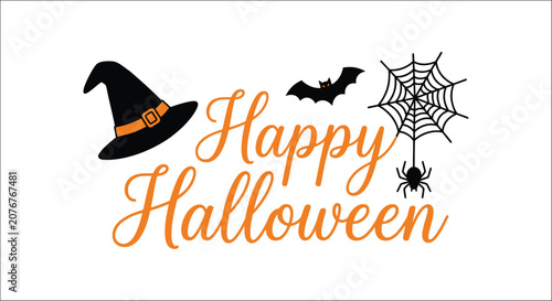 Tableau sur toile Halloween illustration with witch hat bat and spiderweb on a white background po