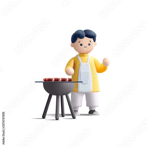 3D character of a guy making barbecue near the grill. Vector illustration.
