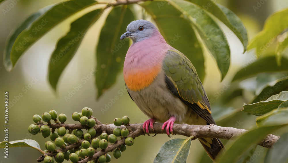 Obraz premium Male Pink-necked Green Pigeon perched on a fruiting branch in its natural tropical habitat