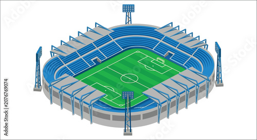 Fotografija Isometric stadium illustration with a green field and blue seating a detailed ar