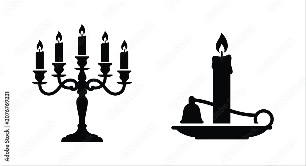 Εκτύπωση καμβά Black silhouette of a five arm candelabra and single candlestick with burning ca