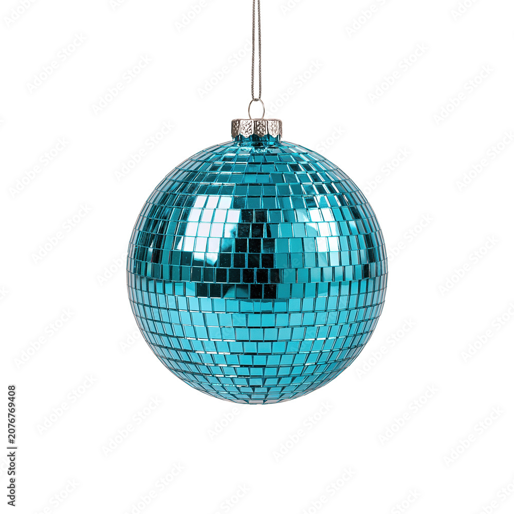 Obraz premium Blue mirrored disco ball ornament on white transparent background