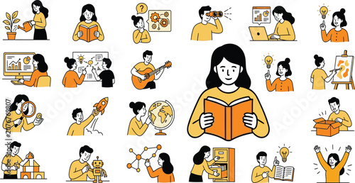 People engaging in various hobbies and daily life activities vector illustration set with activities lifestyle learning creativity technology business exploration education research analysis