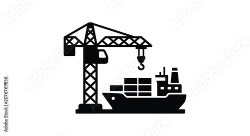 Construction crane and cargo ship silhouette against a white background a monochrome industrial scene docks freight harbor heavy lifting