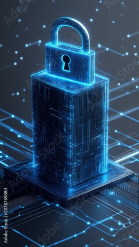 digital illustration lock circuit board lock cube like structure keyhole center cube blue color has grid like pattern its surface background black small white dots scattered throughout creating
