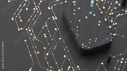 Glowing circuit board 3d render for semiconductor technology background with gold and blue illuminated traces