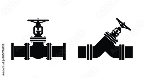 Obraz na plátně Two industrial gate valves with pipe connections presented as a black silhouette