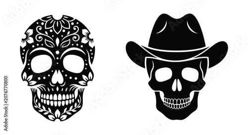 Two skull silhouettes one adorned with floral ornamentation and the other wearing a cowboy hat on a white background silhouette