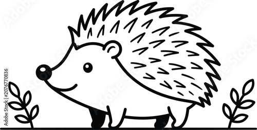 Obraz na plátně Hedgehog Illustration With Leaves Black And White Vector Graphic