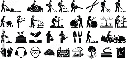 Obraz na plátně Gardening related Pictograms Black Silhouette Icons On White Background