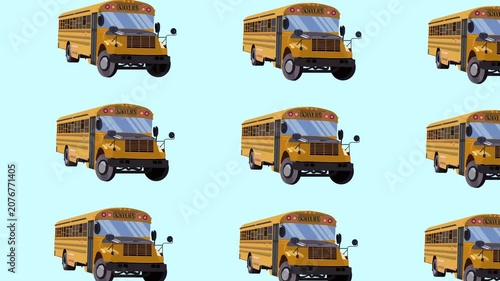 Seamless pattern of classic American yellow school buses on blue background.