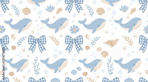 Baby whales, seashells, and plaid bows arranged in a soft pastel nautical pattern
