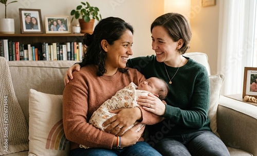 Same-sex mothers enjoying raising their adopted baby in a welcoming home, adoption concept, family diversity, parenthood, inclusion, love, equality and emotional bonds.