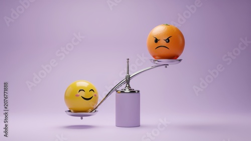 Conceptual balance scale comparing a happy emoji and an angry orange