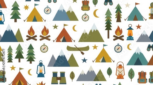 A repeating pattern displays camping gear, mountains, trees, campfires, and canoes