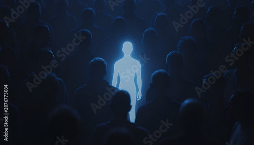 Glowing cyan human silhouette standing out in a dark crowd conceptual illustration