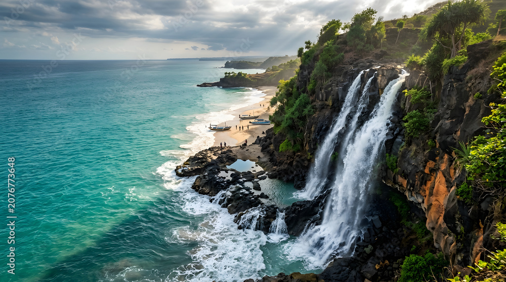 Fototapeta premium Waterfall cascading into ocean on rocky cliff.