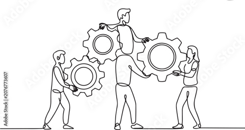 Continuous line drawing of a team of people working together with gears, representing business collaboration, teamwork, problem solving, and corporate synergy
