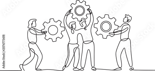 Continuous line drawing of a team of people working together to assemble gears, symbolizing business cooperation, teamwork, and problemsolving