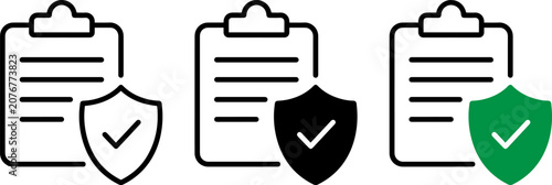Clipboard with shield and check mark icon set