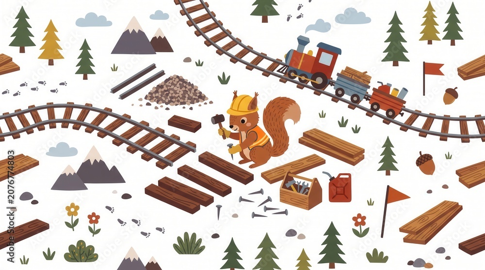 Fototapeta premium Squirrel hammers railway ties amidst forest and mountains