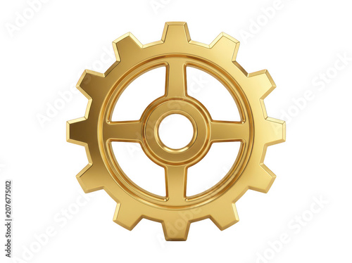 Shiny gold gear wheel symbol on a dark background