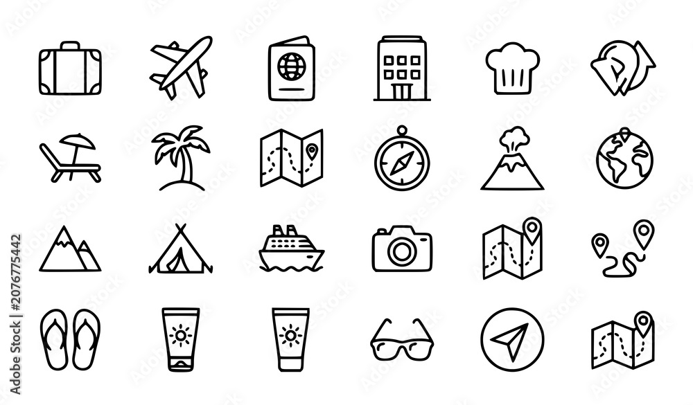 Fototapeta premium Travel and Holiday Outline Icons Editable Stroke Vector Set