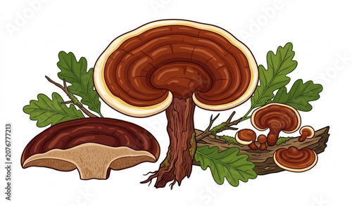 Fotografie Reishi Medicinal Mushroom with Forest Leaves Natural Herbal Fungus Botanical Ill