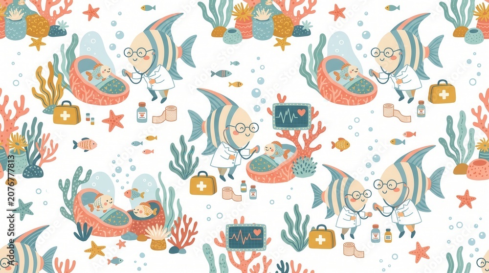Fototapeta premium Friendly fish doctor checks on a baby fish patient in a cheerful coral reef clinic setting