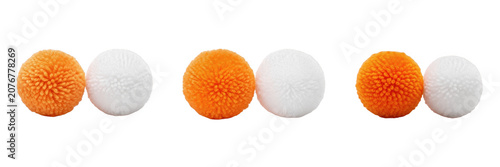 Photos Set and Collection of fluffy orange and white pom-poms isolated on white transparent png background
