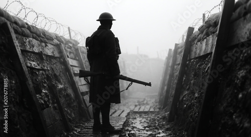 Silhouette of a lone soldier holding a rifle in a misty World War I trench, black and white historical concept