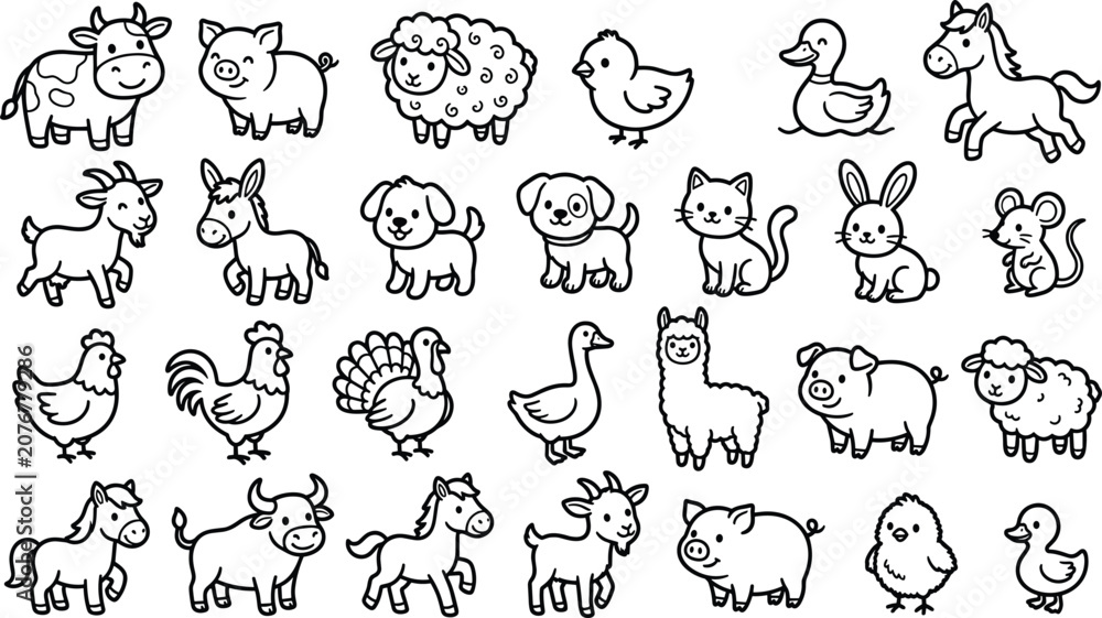 Obraz premium Cute Farm Animals Outline Vector Set with Cow, Pig, Sheep, Horse, Goat, and Chicken Icons for Kids Coloring Book and Kindergarten Educational Graphic Designs