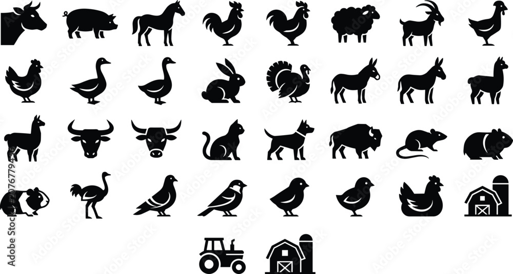 Obraz premium Minimalist Farm Animals Silhouette Icon Set with Black Solid Shapes of Livestock, Poultry, Barn, and Tractor for Modern Infographics, Logos, and Simple Web Designs