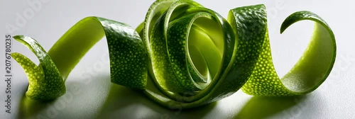 Fototapeta na wymiar lime peel curl isolated on white, vibrant green lime zest garnish isolated, fresh citrus peel spiral for cocktails